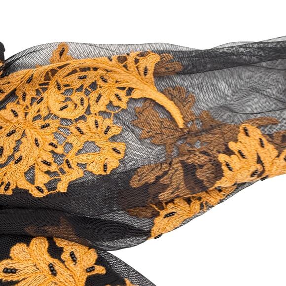 Sundance Black Mesh Blouse XS Burnt Orange Embroidered Floral Sheer Sleeve - Picture 4 of 9